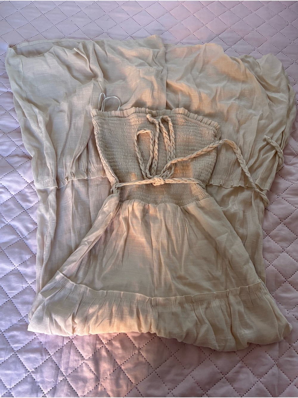 Love Tree Cream Strapless Smocked Romper with Braided Tie